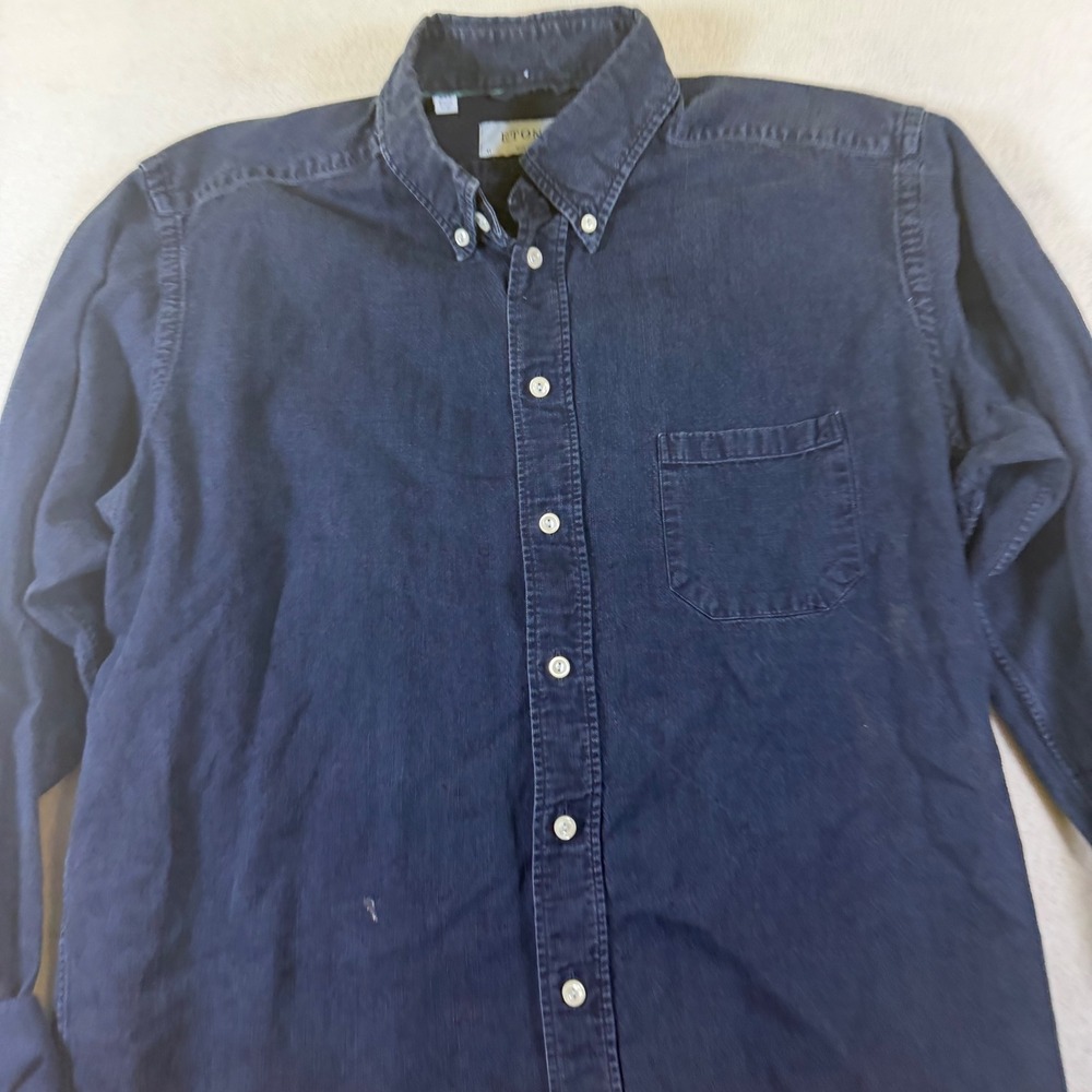 Eton Mens Slim Fit Navy Blue Denim Twill Button Down Shirt Size 41 L‎ 7380